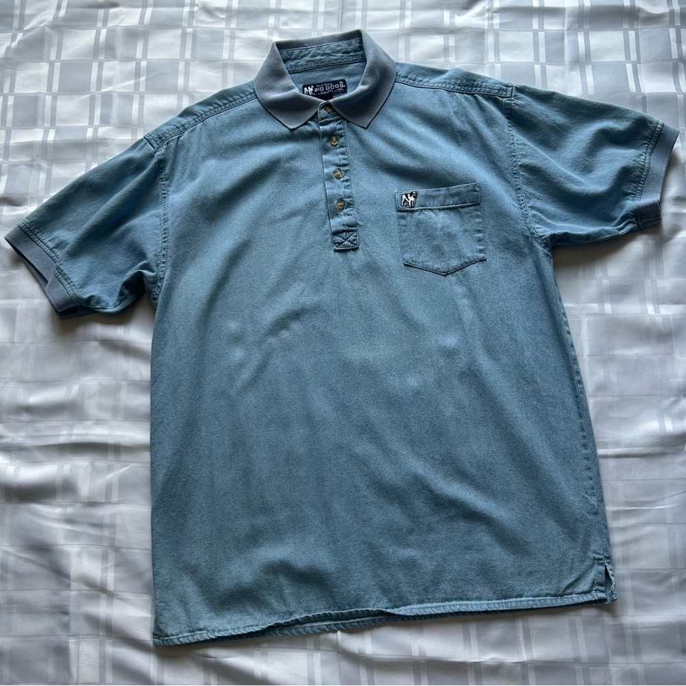 Big Dogs Vintage Light Blue Soft Denim Polo Style T-shirt
